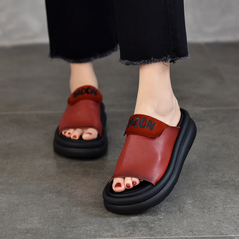 Platform Outer Wear Genuine Summer Cowhide Slippers
