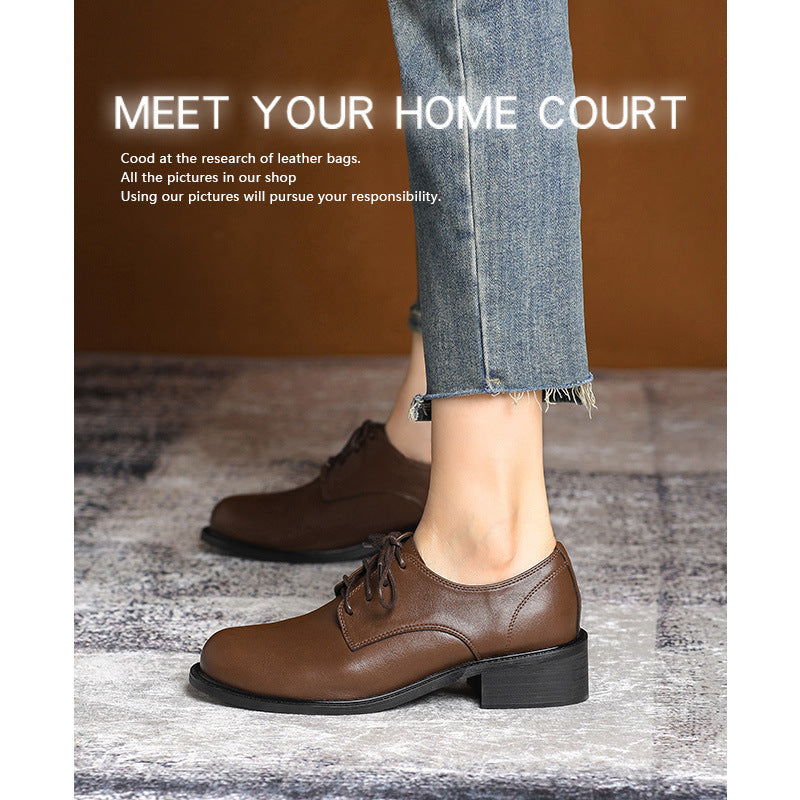 Women's Black Chunky British Style Lace Up Leather Shoes