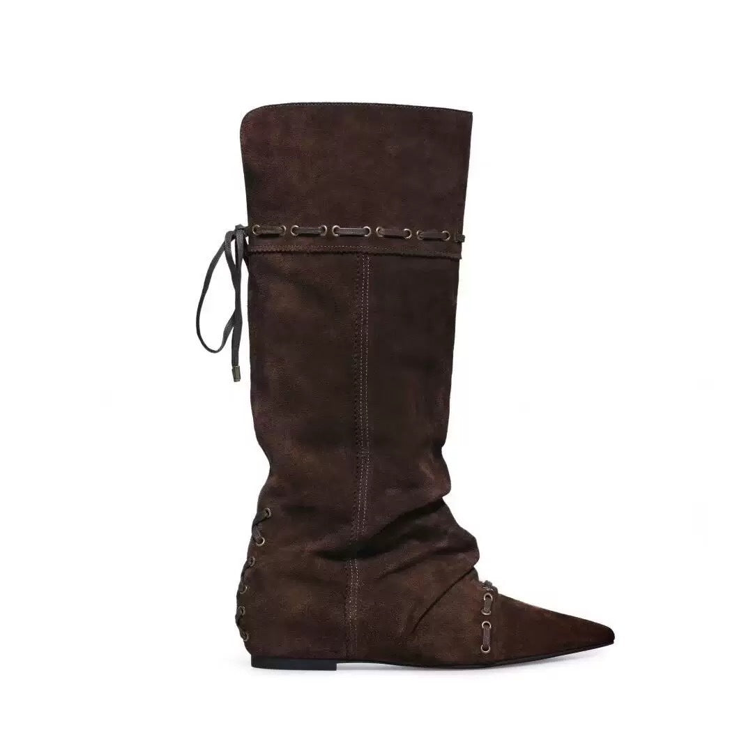 Women's Version Niche Pleated Pointed Western Cowboy Short Wide Boots