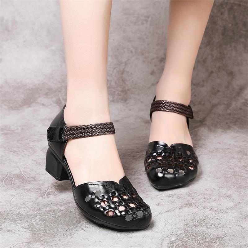 Women's Layer Cowhide Thick Mid Velcro Woven Round Head Brushed Casual Shoes