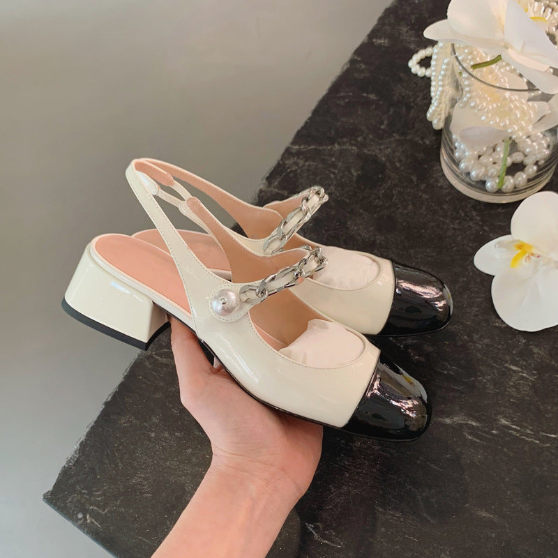 Women's Style Pearl Chain Low-cut Back Empty Heels