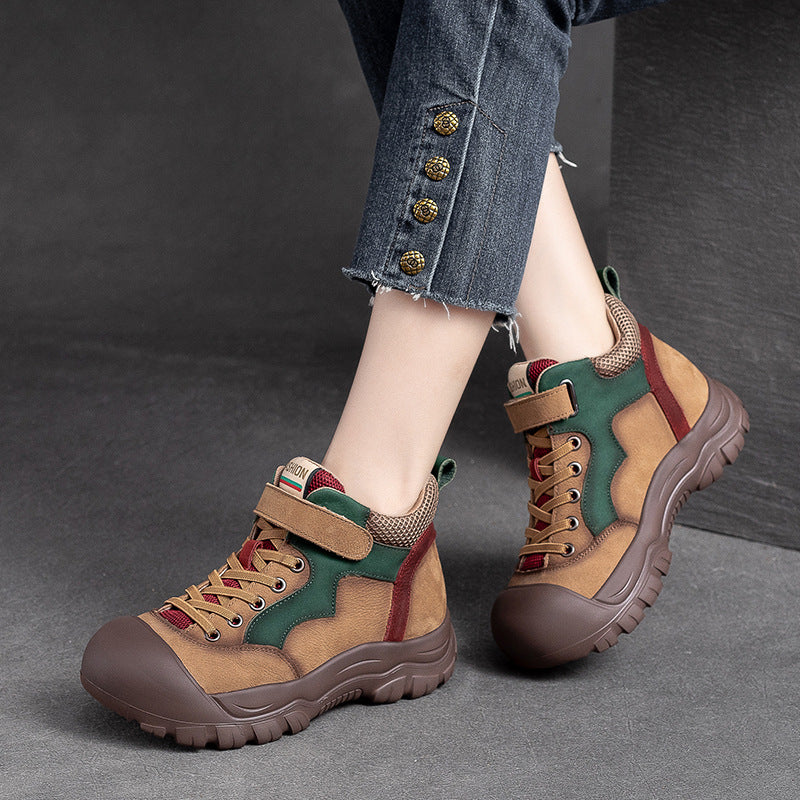 Women's Color Round Head Thick Bottom Pigskin Casual Shoes