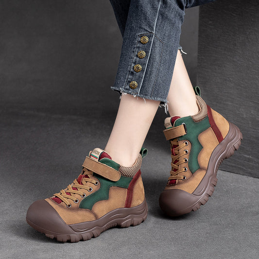 Women's Color Round Head Thick Bottom Pigskin Casual Shoes