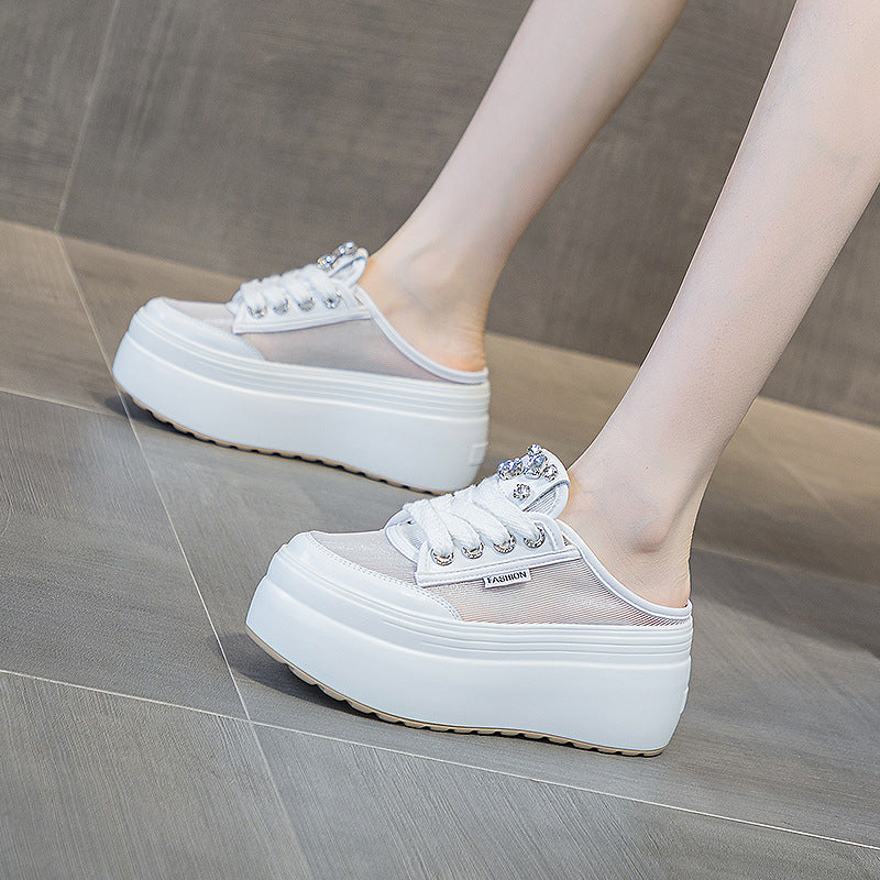 Women's Breathable Mesh Rhinestone Platform Increased Trendy Slippers