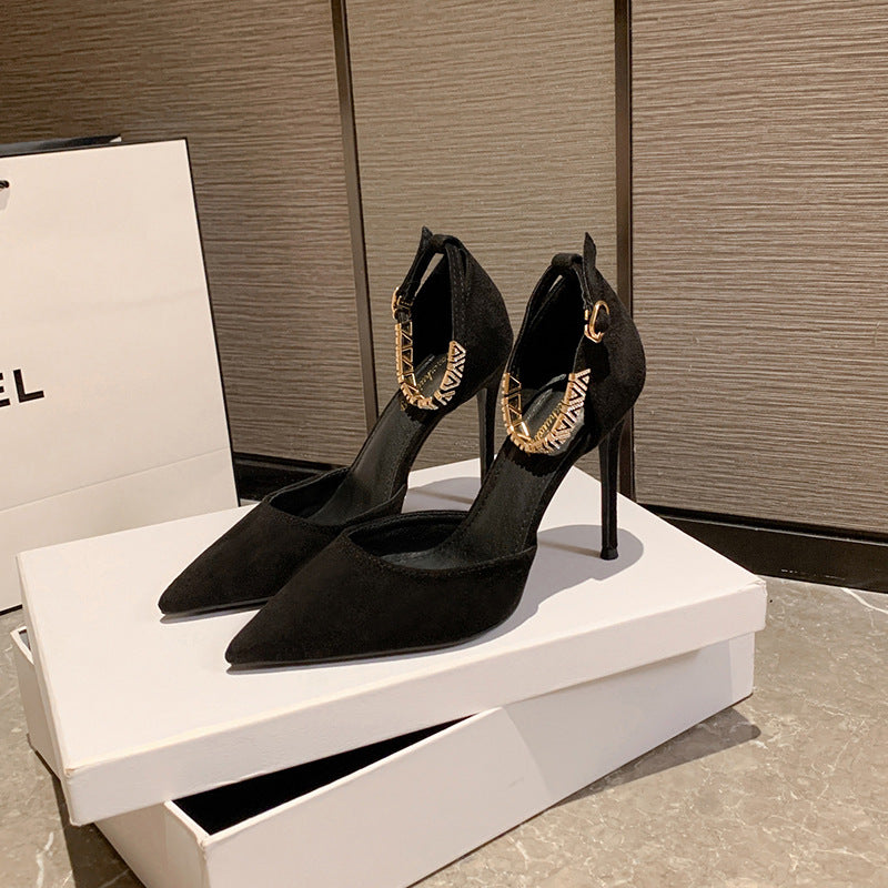 Women's Pointed Toe Hollow Suede Black Buckle Korean Style Heels