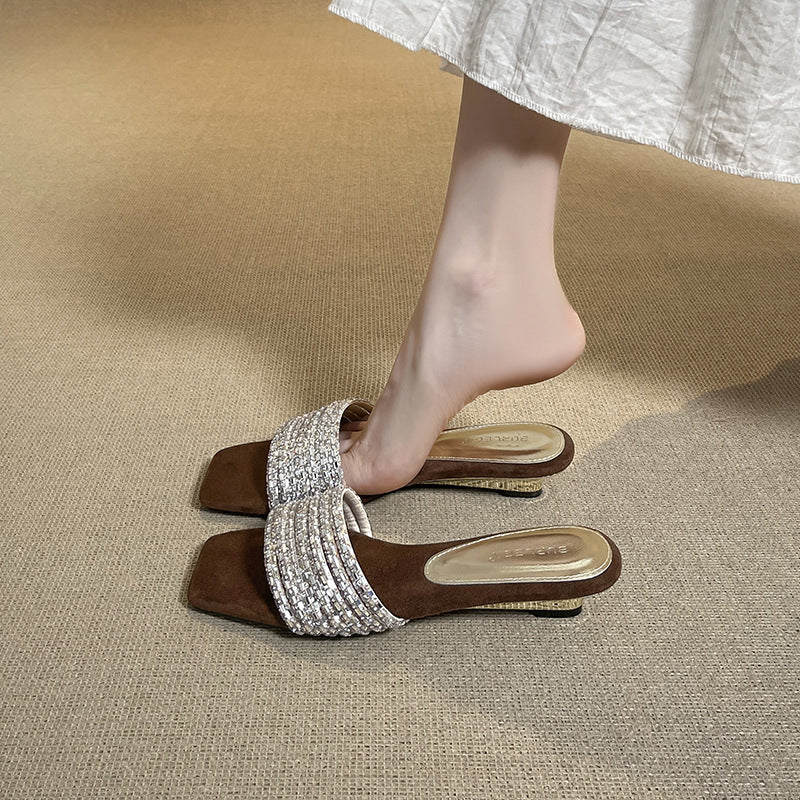 Delicate Rhinestone Slide Summer Wear Low Soft Bottom Wedge Slippers