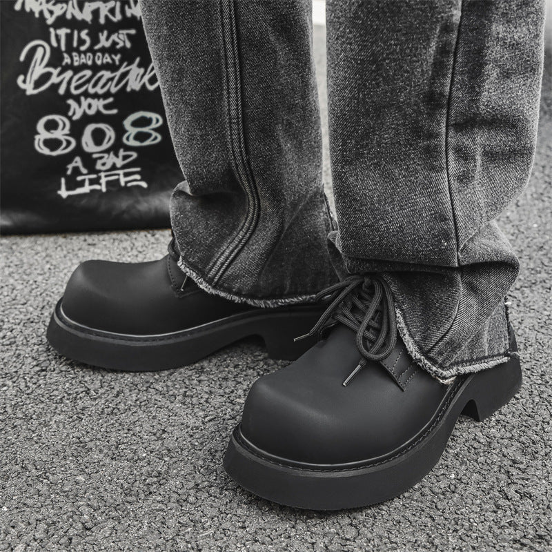 Men's Platform Round Toe Mid Muffin Black Leather Shoes