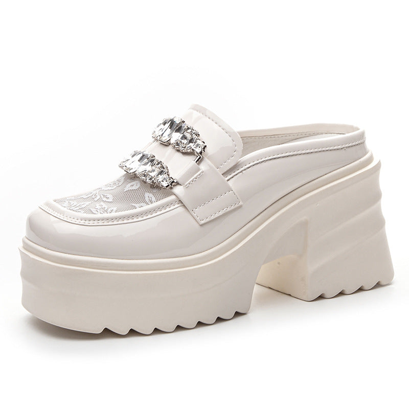 Women's Half Mesh Rhinestone Outer Wear Small Raise Slippers