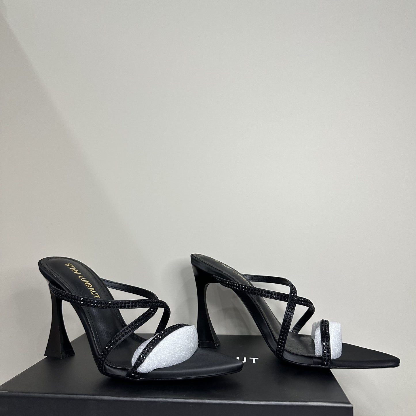Black Satin Cross Rhinestone Pointed Sexy Heels