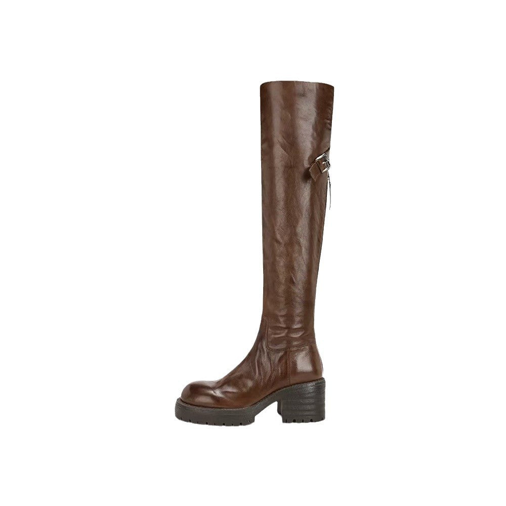 Combat Round Toe Pleated Chunky Thigh High Boots