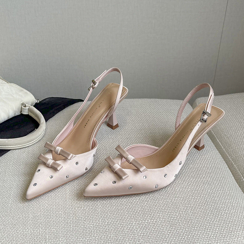 Women's Satin Diamond Pointed High Stiletto Temperament Word Strap Closed Heels