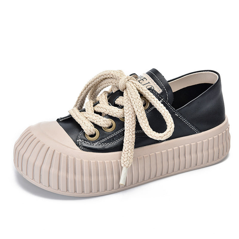 Women's Genuine Pumps Thick Bottom Platform Lace Up Round Casual Shoes