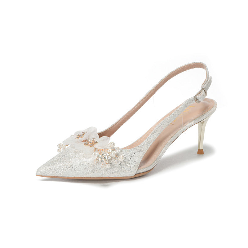 Women's Stiletto Pointed Toe Shallow Mouth Flower Rhinestone Heels