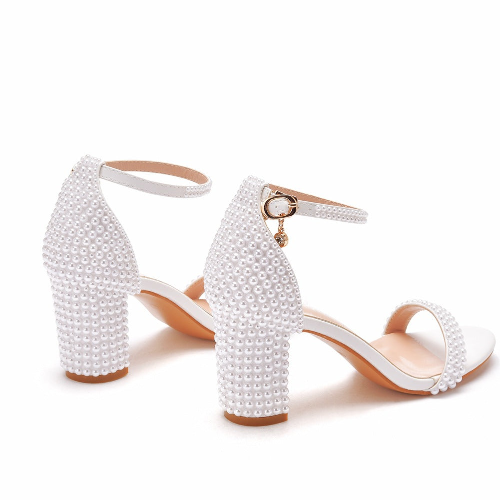 Strap Round Toe Root White Pearl Heels