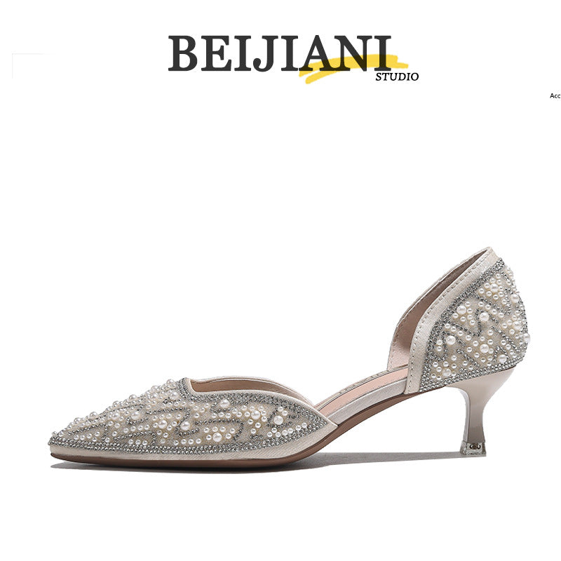 French Style Bright Crystal Pearl Wedding Bridesmaid High Pointed Toe Women's Fashion Shoes