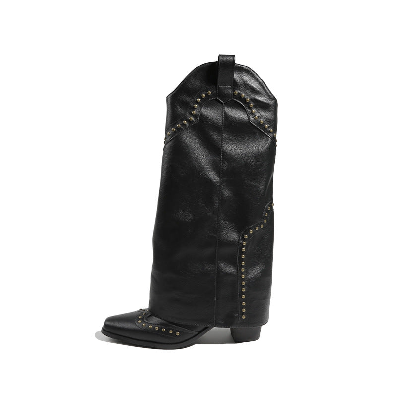 Women's Million Single Retro Pointed Rivets Pantyhose Boots