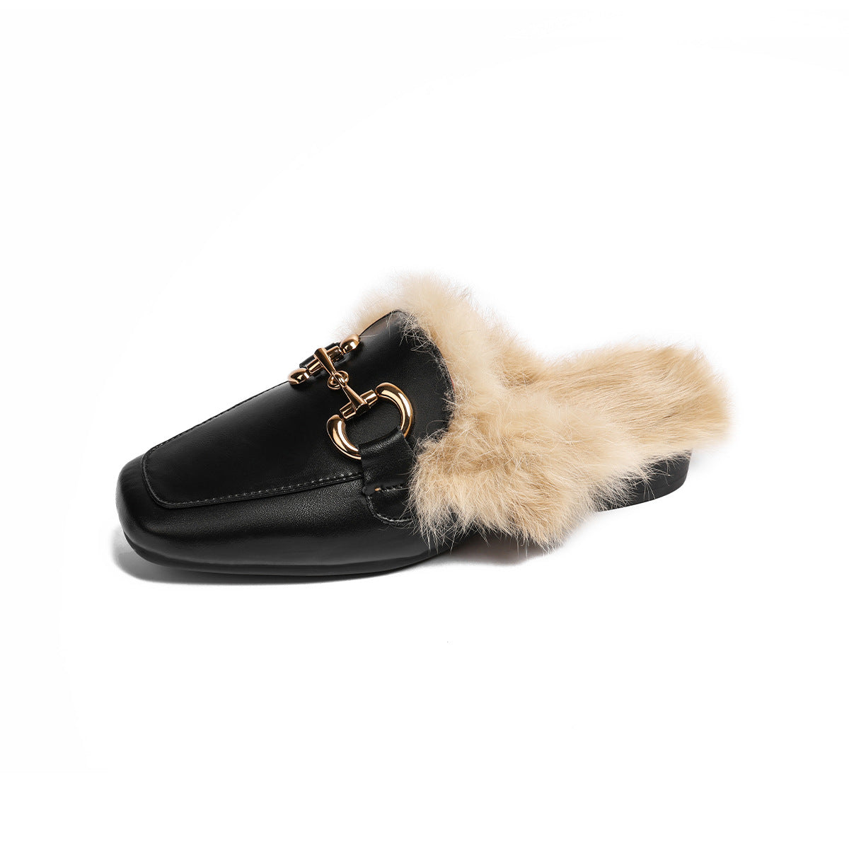 Women's Woolen Outer Wear Rabbit Fur Mules Flat Toe Box Sandals