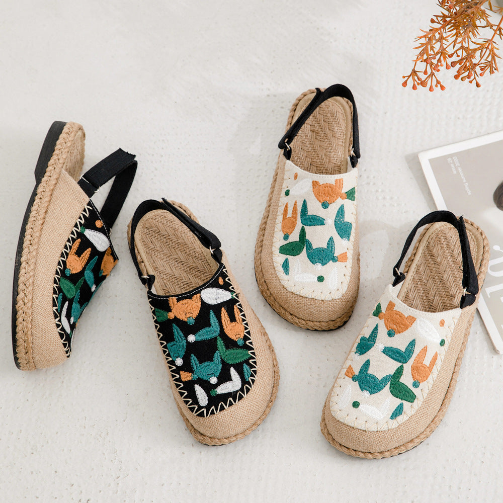 Fox Embroidery Flat Bottom Summer Deep Mouth Toe Sandals