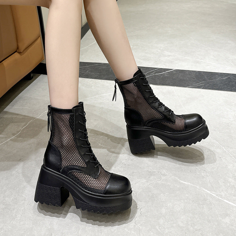 Women's Cowhide Platform Mesh Hollow Martin Small Boots