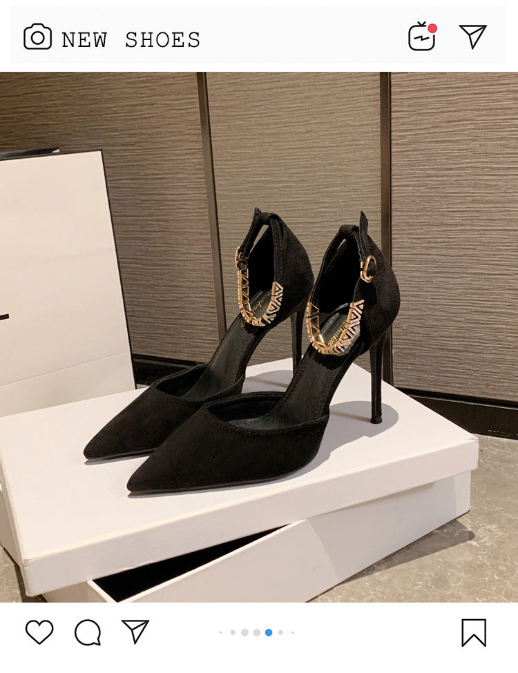 Women's Pointed Toe Hollow Suede Black Buckle Korean Style Heels