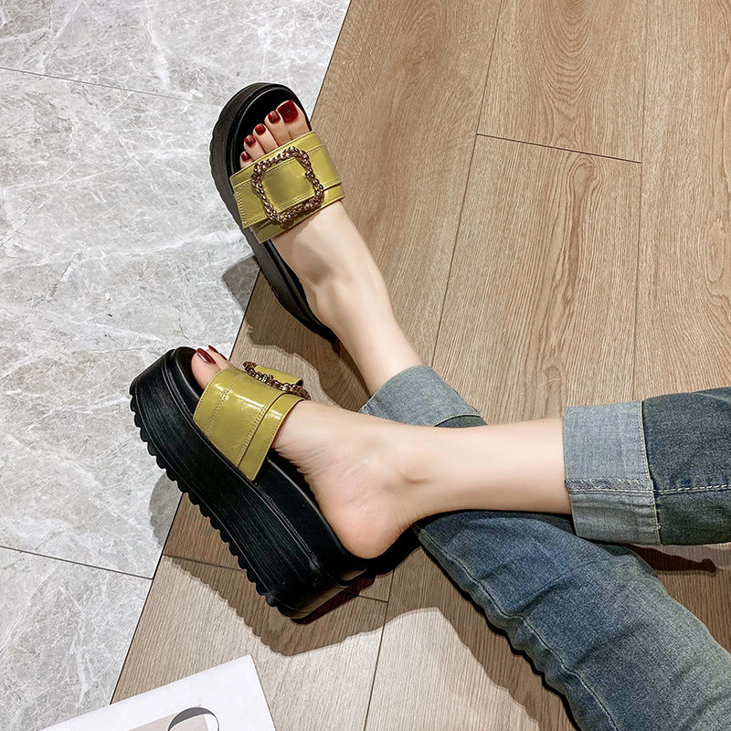 Women's Square Buckle Platform Summer Outdoor Small Muffin Height Slippers