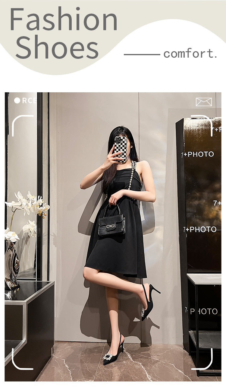 Pointed Toe Slingback Closed Rhinestone Square Buckle Heels