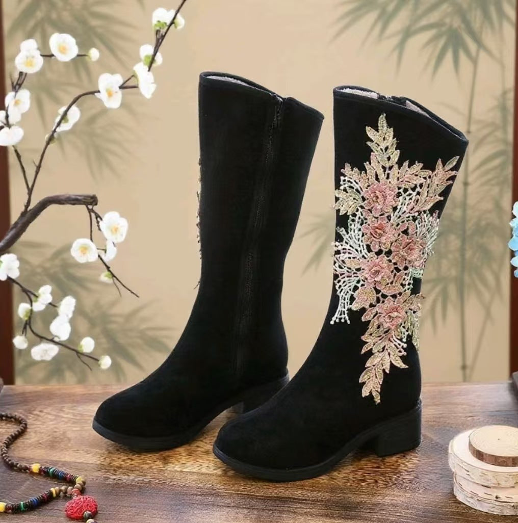 Women's Cotton Long Quilted Fleece-lined Winter Suede Snow Boots