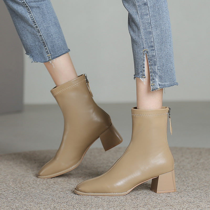 Women's Back Zipper With Veet Square Toe Boots