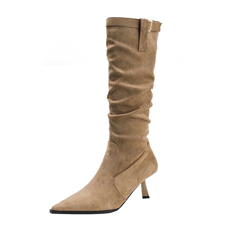 Suede Pointed Toe Wrinkle British Style Retro Boots