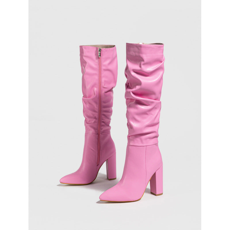 Toe Chunky Fashion Natural Wrinkle Inside Boots