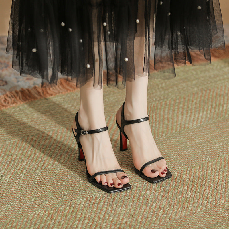 French Simple Black Square Toe Stiletto Heels