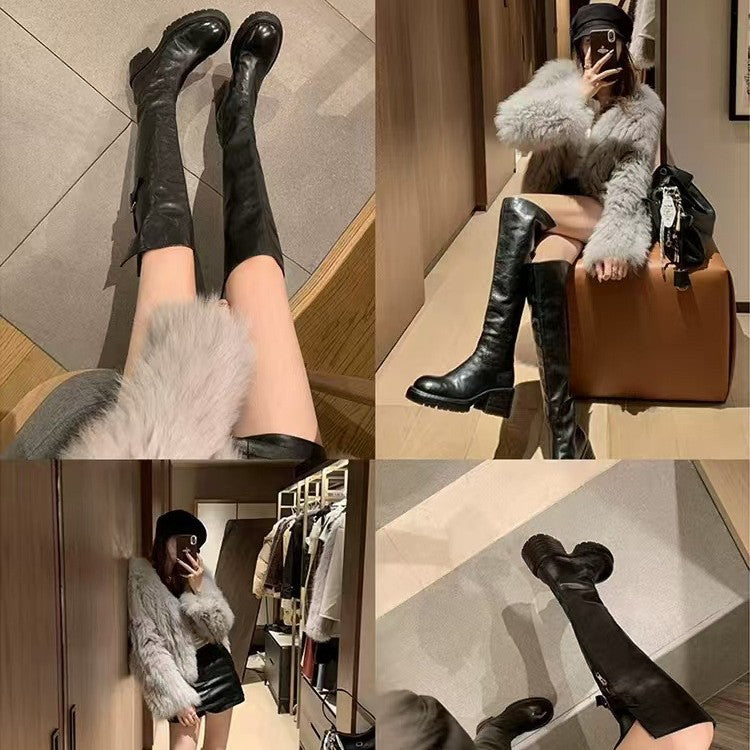 Combat Round Toe Pleated Chunky Thigh High Boots