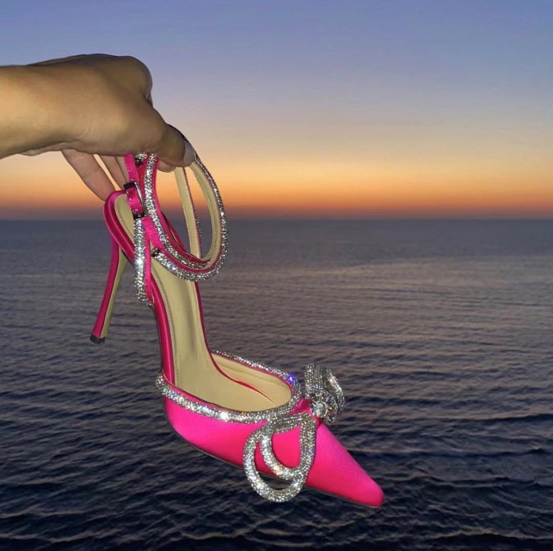 Women's Supply Bow Rhinestone Pointed Toe Satin Heels
