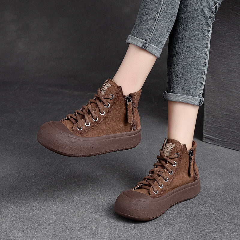 Women's Shu Side Zipper Thin First Layer Cowhide Platform Round Casual Shoes
