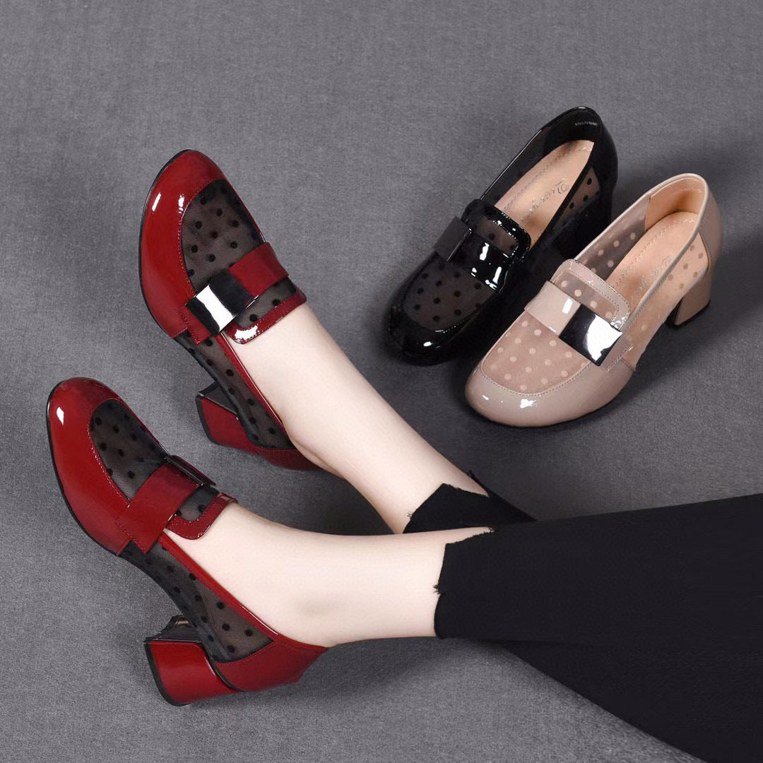Women's High Spring Round Head Chunky Patent Heels