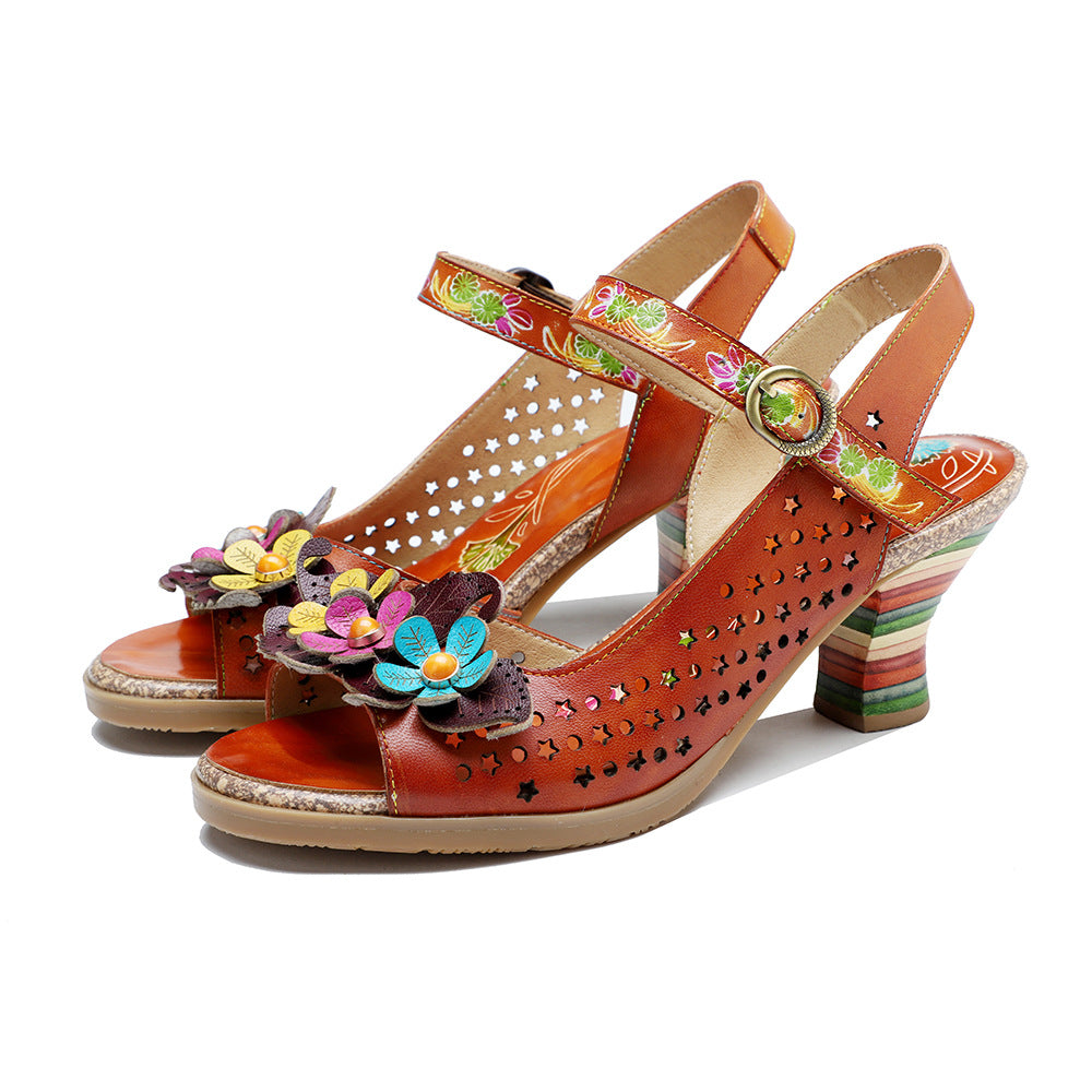 Hand-rub Color Hollow Three-dimensional Flower Comfortable Heels