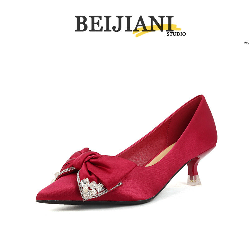 Women's Sheepskin Wedding For Bridal Bow High Pointed Women's Fashion Shoes