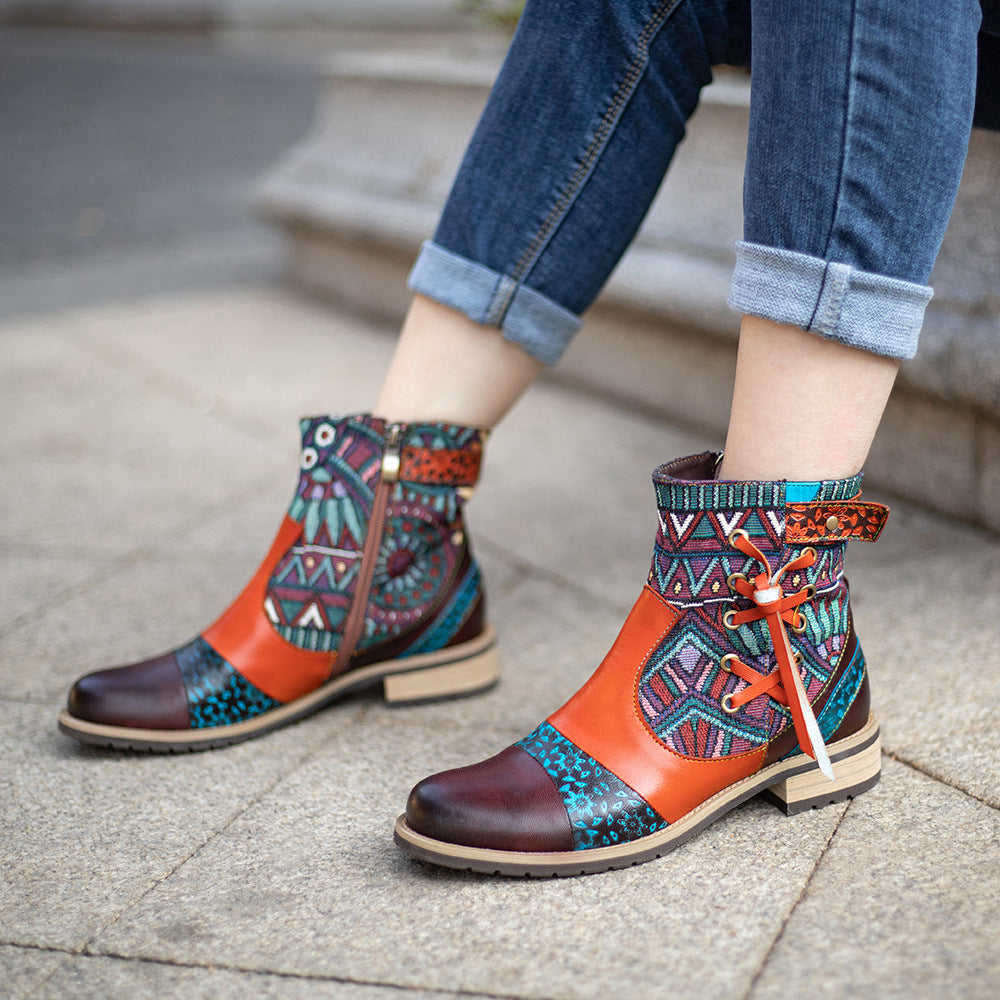 Women's Retro Printed Jacquard Side Zipper Flat Boots