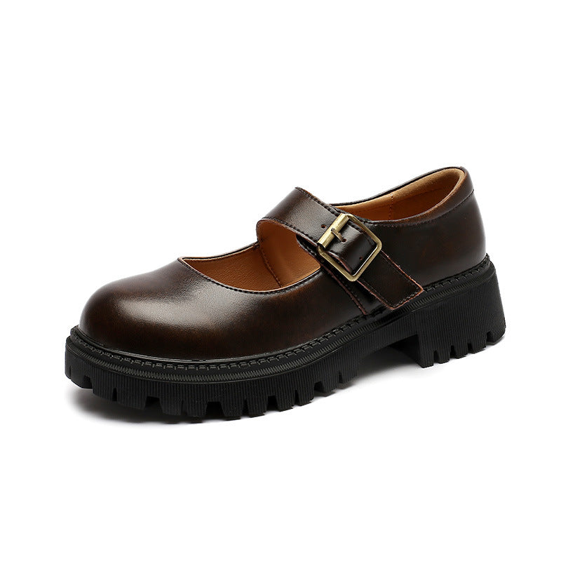 Women's Summer Thin College Style Buckle Mary Leather Shoes
