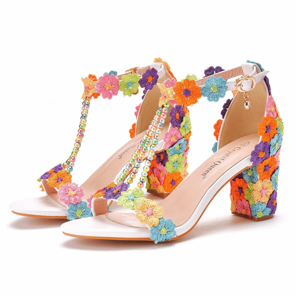 Women's Low-cut Beaded Square White Lace Bridal Wedding Heels