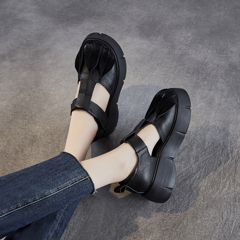 Women's Retro Ethnic Style Genuine Thick Bottom Toe Cap Sandals