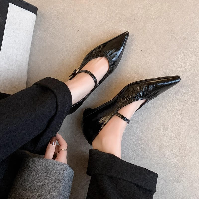 Women's Sheepskin Pointed Toe Mary Jane With Chunky Flat Shallow Women's Fashion Shoes