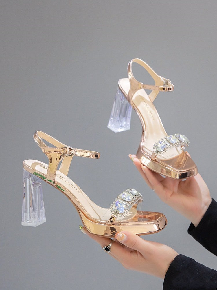 Women's Transparent Rhinestone Open Toe High Summer Heels