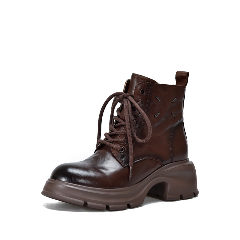 Women's Grip Pattern Top Layer Cowhide Platform Martin Boots