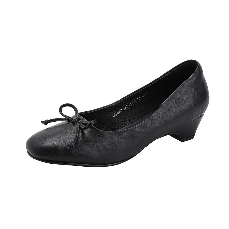 Cowhide Version Bow Chunky Square Toe Daily Women's Fashion Shoes