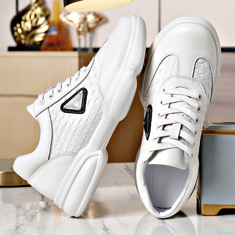 Men's Spring Woven Fashion White Breathable Lace Leather Shoes