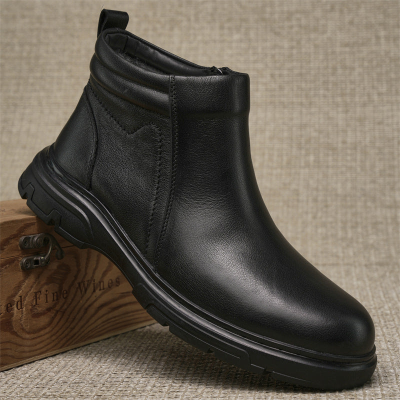 Men's Wool Fur Integrated Winter Fleece-lined Warm Genuine First Leather Shoes