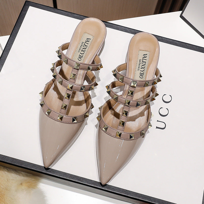Women's Home Rivet Summer Nude Patent Sexy Back Empty Heels