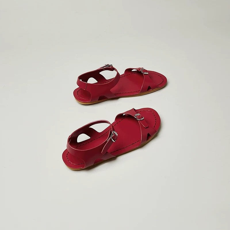 Women's Red Summer Buckle Flat Open Toe For Sandals