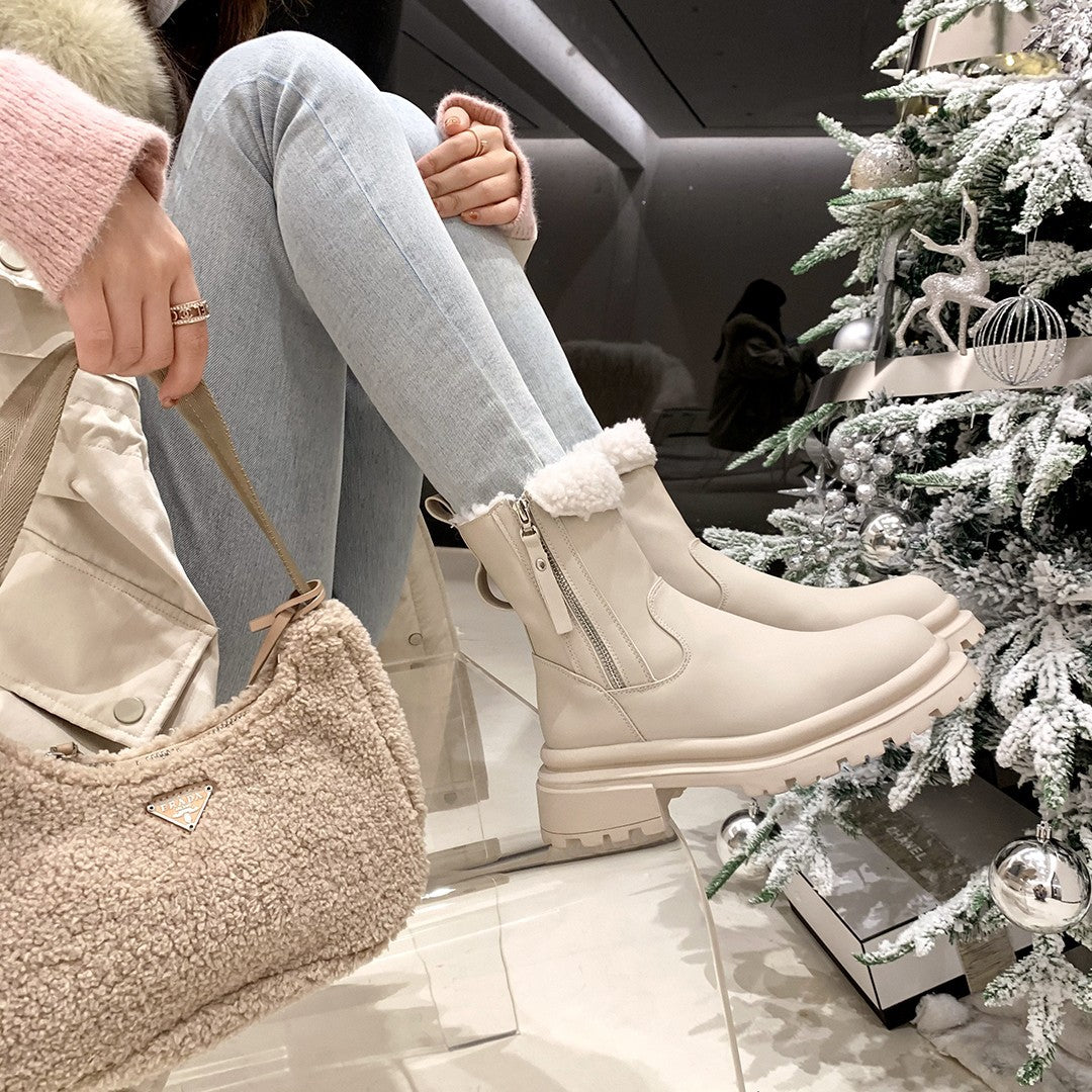 Women's In Paris Thick Bottom Side Zipper Fleece-lined Fur Snow Boots